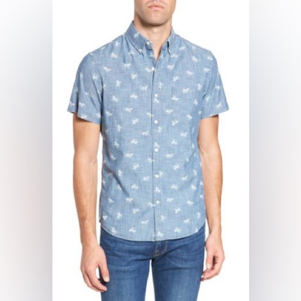 Bonobos Slim Fit Embroidered Zebras Chambray Sport Shirt Blue Large Short-Sleeve